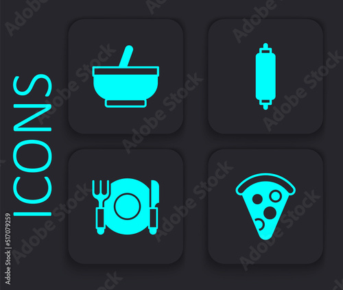 Set Slice of pizza, Mortar and pestle, Rolling pin and Plate, fork knife icon. Black square button. Vector