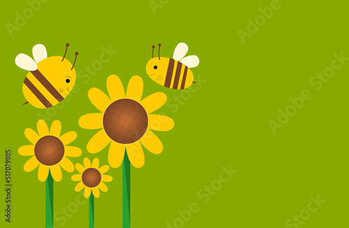 flowers on a green background with cute bee