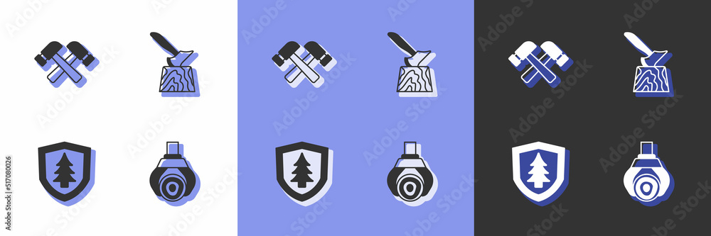 Set Grapple crane grabbed a log, Crossed hammer, Shield with tree and Wooden axe in stump icon. Vector Set Grapple crane grabbed a log, Crossed hammer, Shield with tree and Wooden axe in stump icon. Vector