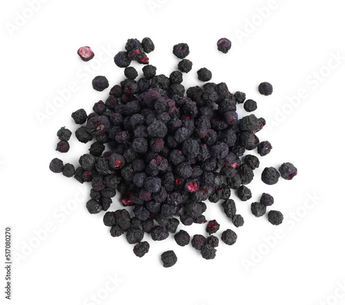 Pile of freeze dried blueberries on white background, top view