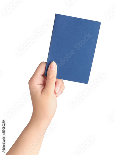 Woman holding Ukrainian travel passport on white background, closeup