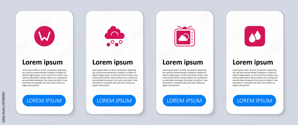Set Water drop, Weather forecast, Hail cloud and Compass north. Business infographic template. Vector Set Water drop, Weather forecast, Hail cloud and Compass north. Business infographic template. Vector