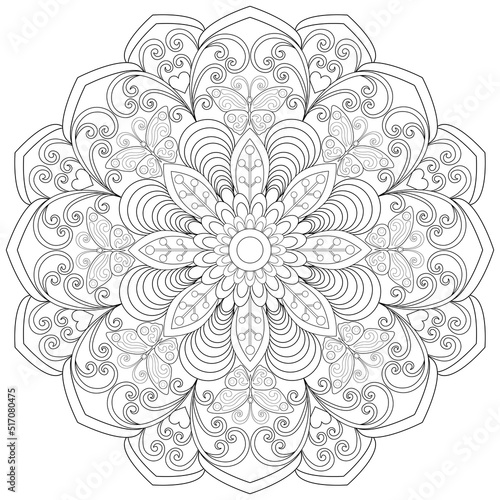 Colouring page, hand drawn, vector. Mandala 56, ethnic pattern, swirl pattern, object isolated on white background.