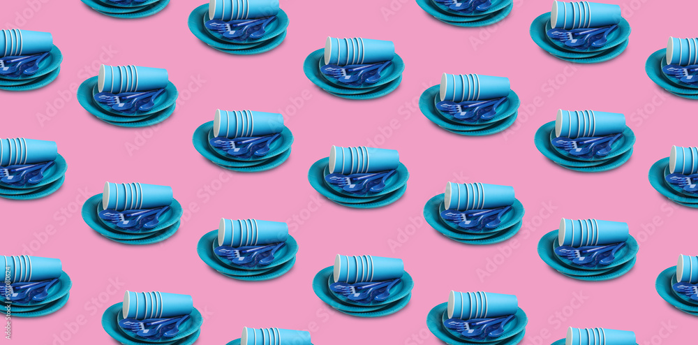 Many disposable tableware on pink background. Seamless pattern design
