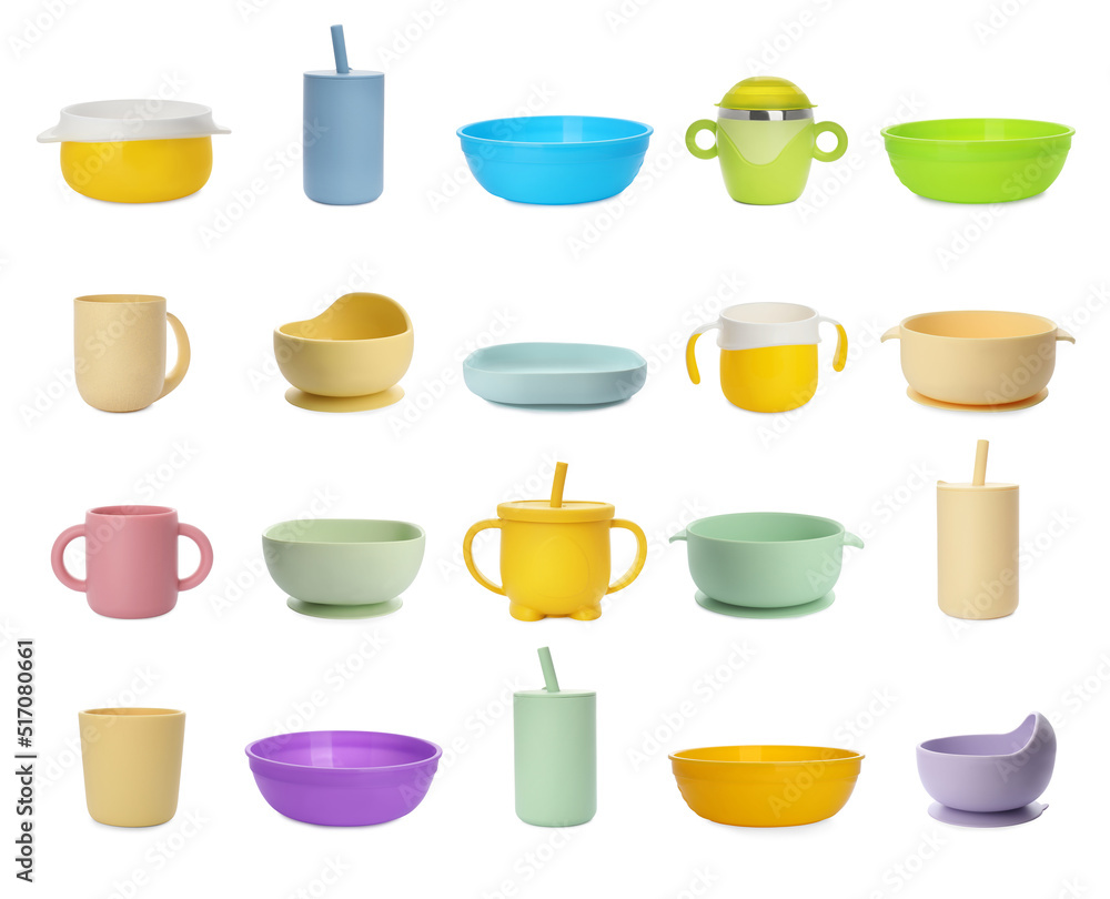 Set with colorful dishware on white background. Serving baby food Set with colorful dishware on white background. Serving baby food