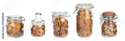 Canvas Print Tasty chocolate chip cookies into glass jars on white background, collage