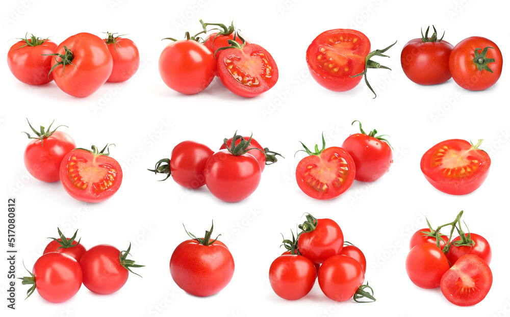 Set with tasty ripe cherry tomatoes on white background Set with tasty ripe cherry tomatoes on white background