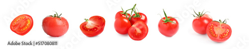 Set with tasty ripe cherry tomatoes on white background. Banner design