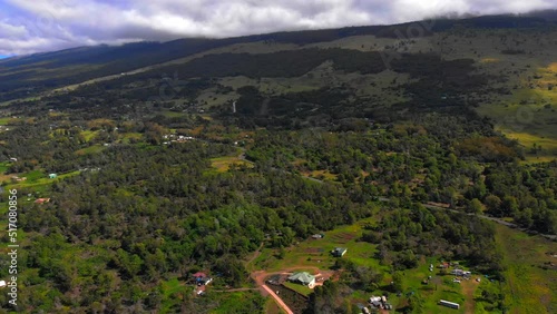 Beautiful 4k drone Maui upcountry on near Keokea looking towards Haleakala Mountain. February sky. photo