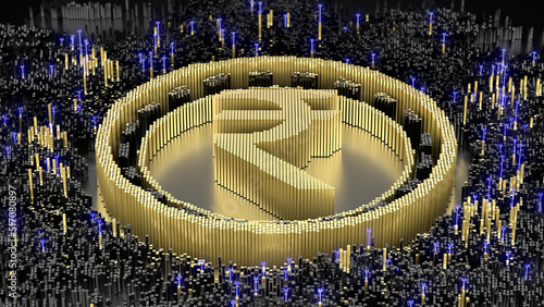 Indian rupee symbol in an abstract microstructure of black and gold blocks. 3d rendering image. Futuristic concept art.