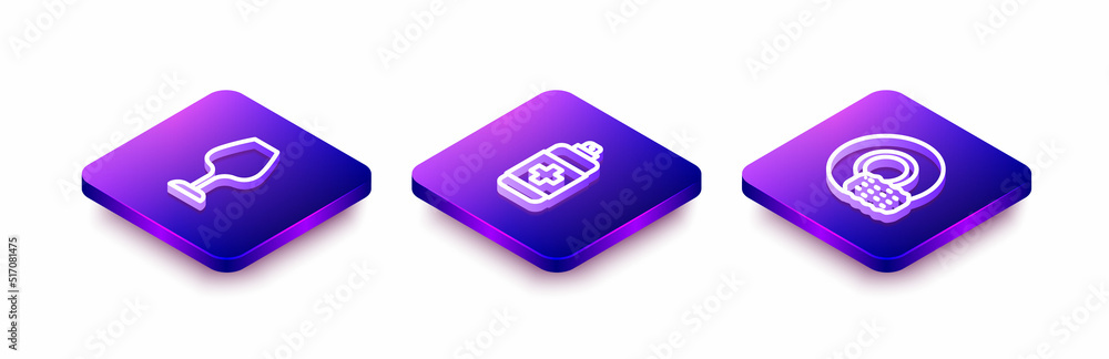 Set Isometric line Wine glass, Antibacterial soap and Washing dishes icon. Vector Set Isometric line Wine glass, Antibacterial soap and Washing dishes icon. Vector