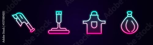 Set line Brush for cleaning, Rubber cleaner windows, Kitchen apron and Garbage bag. Glowing neon icon. Vector