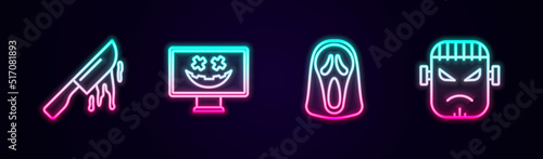 Set line Bloody knife, Happy Halloween holiday, Funny and scary ghost mask and Frankenstein face. Glowing neon icon. Vector