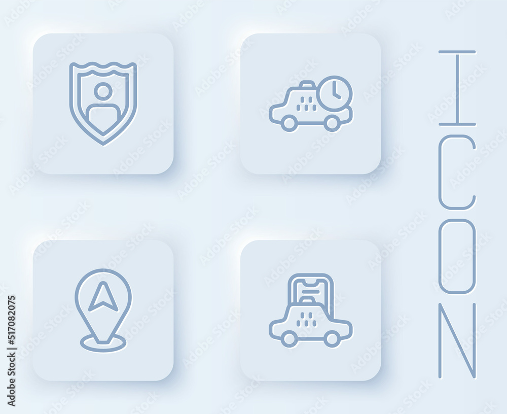Set line Life insurance with shield, Taxi waiting time, Location taxi car and mobile app. White square button. Vector Set line Life insurance with shield, Taxi waiting time, Location taxi car and mobile app. White square button. Vector