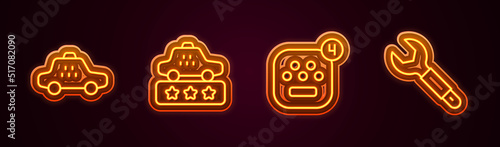 Set line Taxi car, service rating, mobile app and Wrench spanner. Glowing neon icon. Vector