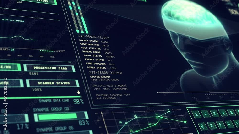 Neural Link between Brain and Computer. Close Up of Monitor with ECG ...