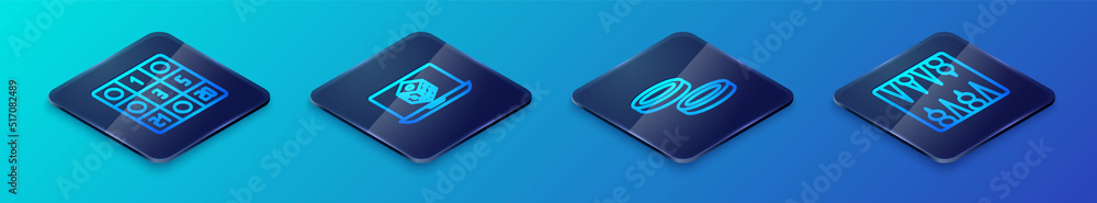 Set Isometric line Checker game chips, Bingo card, Backgammon board and Game dice icon. Vector Set Isometric line Checker game chips, Bingo card, Backgammon board and Game dice icon. Vector