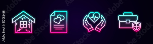 Set line House, Marriage contract, Life insurance and Briefcase with shield. Glowing neon icon. Vector