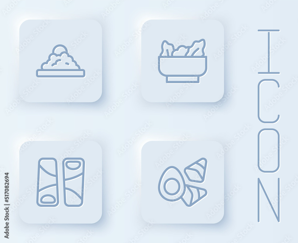 Set line Rice in a bowl, Wonton, Guotie and Chicken egg with vegerables. White square button. Vector Set line Rice in a bowl, Wonton, Guotie and Chicken egg with vegerables. White square button. Vector