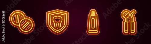 Set line Toothache painkiller tablet, Dental protection, Tube of toothpaste and mirror and probe. Glowing neon icon. Vector