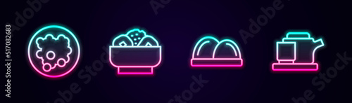 Set line Rice in a bowl, Chow mein on plate, Sushi and Traditional tea ceremony. Glowing neon icon. Vector