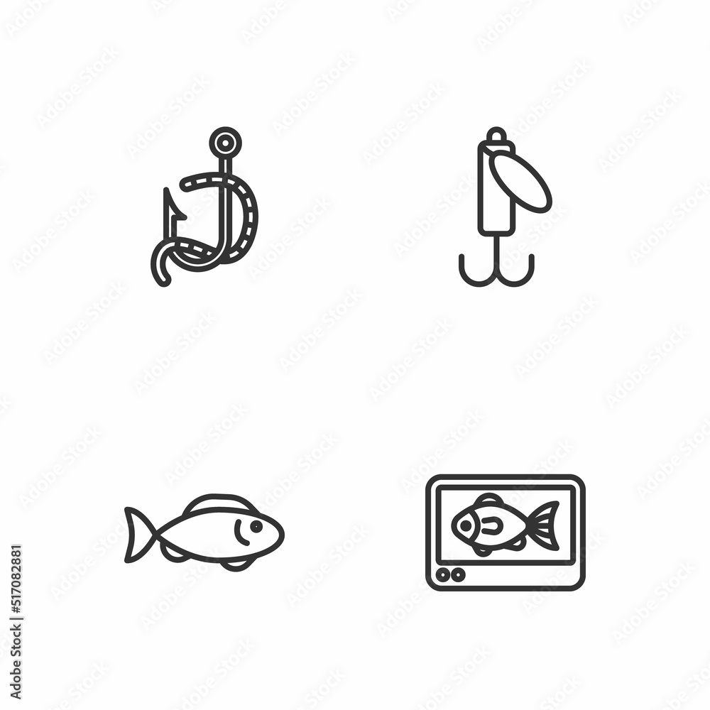 Set line Fish finder echo sounder, Fishing hook and worm and lure icon. Vector Set line Fish finder echo sounder, Fishing hook and worm and lure icon. Vector
