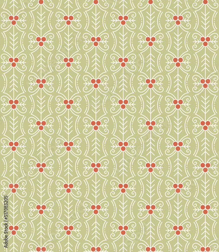 Seamless Pattern with Line Art Holly Leaves and Berries in Retro Colors. For winter holidays wrapping paper, decoration, background, fabric, etc.