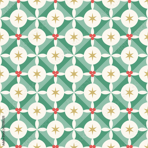 Seamless Pattern with Geometric Holly Leaves, Berries, and Stars. For Winter Holidays wrapping paper, background, fabric, decoration, etc.