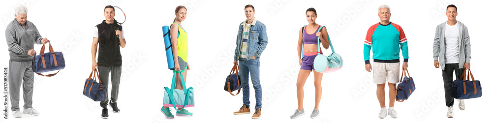 Set of people with sports bags on white background Set of people with sports bags on white background