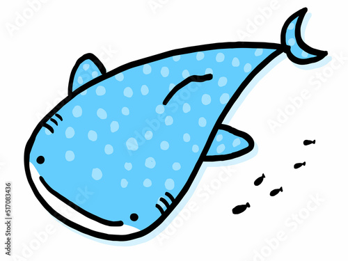 かわいいジンベイザメと小魚／手描きイラスト素材