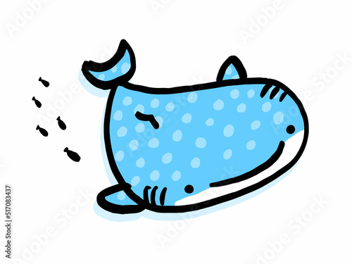 かわいいジンベイザメと小魚／手描きイラスト素材