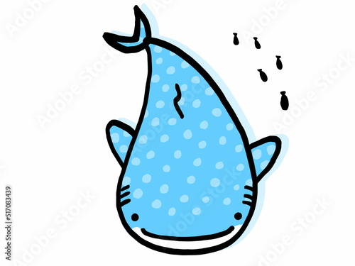 かわいいジンベイザメと小魚／手描きイラスト素材