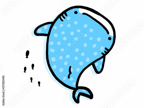 かわいいジンベイザメと小魚／手描きイラスト素材