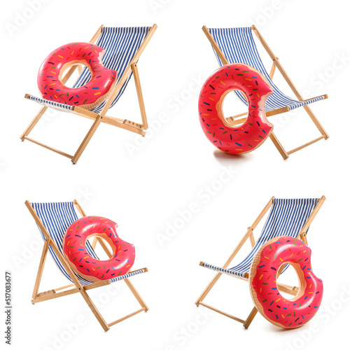 Valokuva Set of deck chairs and inflatable rings isolated on white