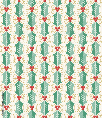 Seamless pattern with holly leaves and berries. Holly berry stripes. For Winter Holidays wrapping paper, background, fabric, decoration, etc.