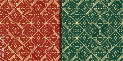 Set of Seamless Patterns with geometric line art of holly berries. For Winter Holidays wrapping paper, package, background, decoration, etc.