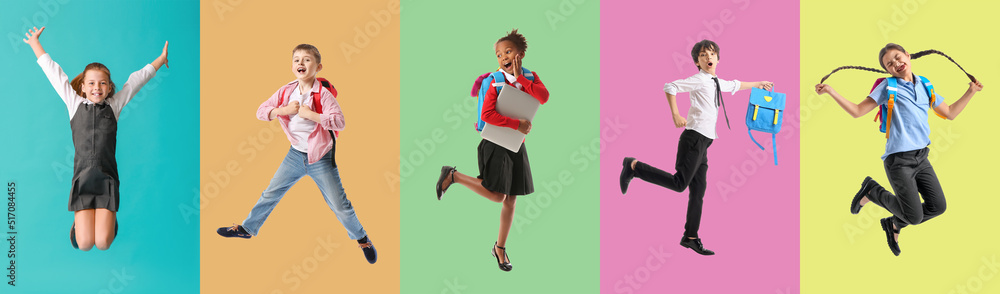 Set of jumping little school children on color background Set of jumping little school children on color background