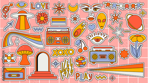 Set of hipster retro cool psychedelic elements. Collection stickers of groovy cliparts from the 70s 60s. Collage with trendy pop vibe with funky design element. Abstract background of cartoon sticker