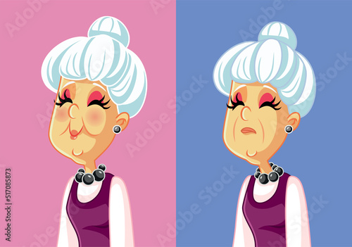 Senior Older Woman Feeling Happy and Sad Vector Cartoon. Elderly person changing moods due to mental health and aging problems
