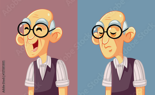 Elderly Older Man Feeling Happy and Sad Vector Cartoon. Elderly grandpa changing emotions due to mental health and aging problems
