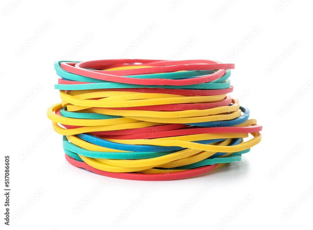 Stack of colorful elastic rubber bands isolated on white background Stack of colorful elastic rubber bands isolated on white background