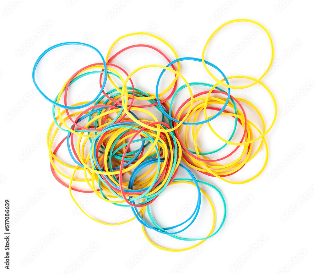 Many colorful rubber bands on white background Many colorful rubber bands on white background