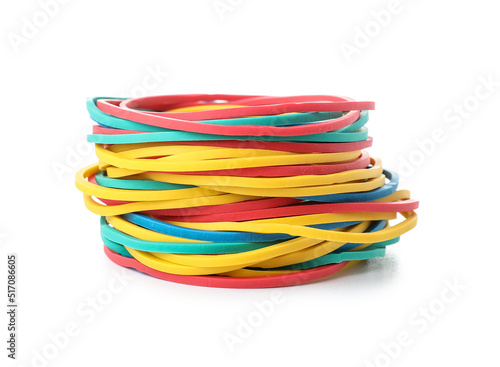 Stack of colorful elastic rubber bands isolated on white background