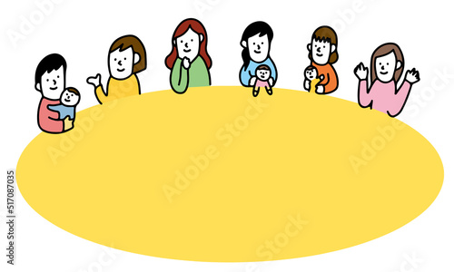 大きなテーブルに集まって会話する女性達のイラストフレーム　お母さんたちの集まり　ママ友会議　女性活躍
