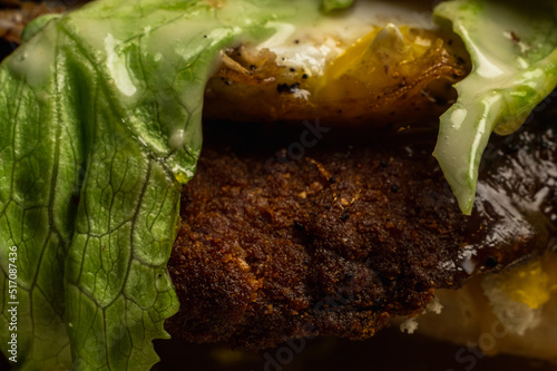 fried egg beef or chicken milanese in breadcrumbs with lettuce and tomato on a dark background