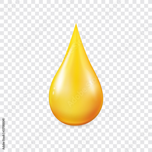 Oil drop vector illustration. Realistic yellow liquid droplet isolated on transparent background. Golden collagen essence, 3d honey drip icon. Industrial and petroleum concept. Illustration EPS10