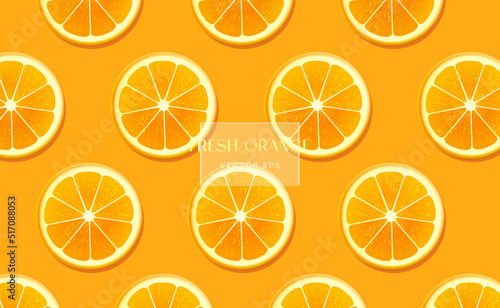 Orange slices on orange background. Vector summer pattern from citrus pieces