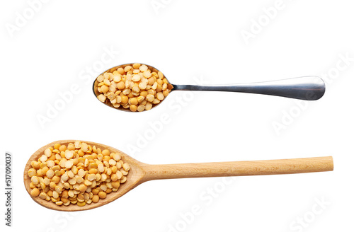 wooden and metal spoon with dried peas isolated on white background top view.