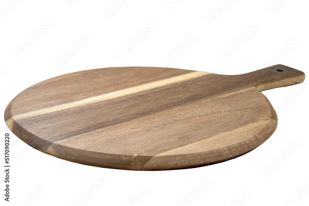 Food preparation tool, pizza platter and kitchen utensil concept with close-up on disk shaped wood chopping board with round corners isolated on white at an angle perspective with clipping path cutout - obrazy, fototapety, plakaty 