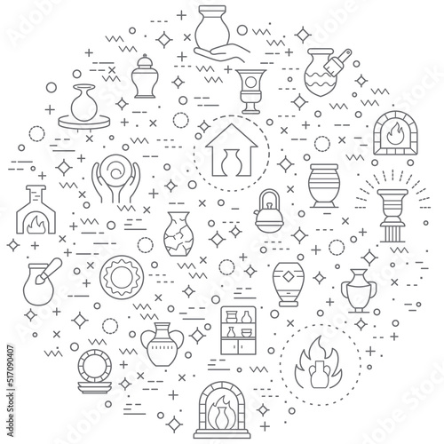 Simple Set of Pottery Related Vector Line Illustration. Contains such Icons as Bowl, Plate, fireplace, ceramics, vase, clay, mug and Other Elements.
